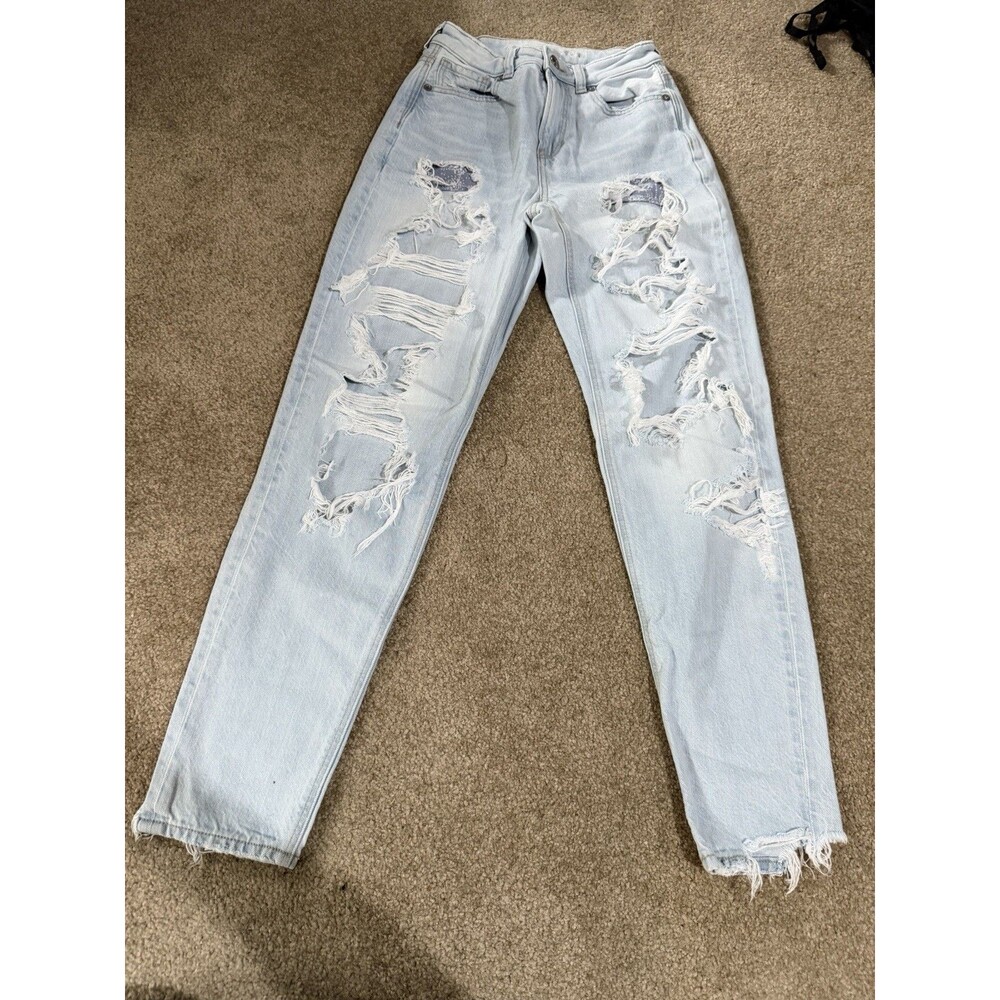 Womens American Eagle Light Wash Mom Jeans W/ Paisley Print Pockets Size 00R